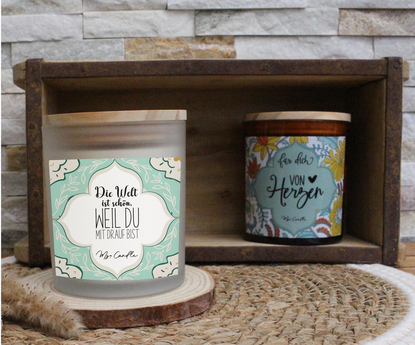 Duftkerze mit Botschaft - Die Welt ist schön, weil du mit drauf bist